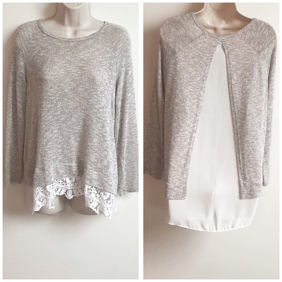 mm mm mm lace split back scoop neck pullover long sleeve knit sweater - Picture 1 of 6